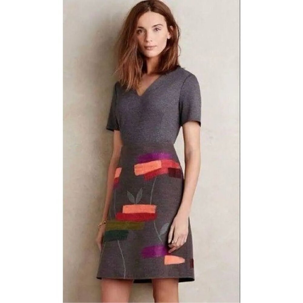 Raoul Mini Dress 8 Embroidered Short Sleeves Pockets Felted Color Block Cottage